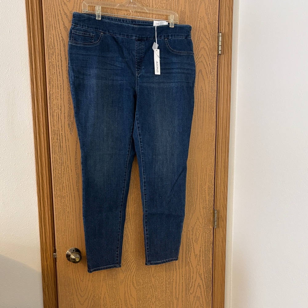 Chico's Indigo Cropped Jeans with Red Sparkle